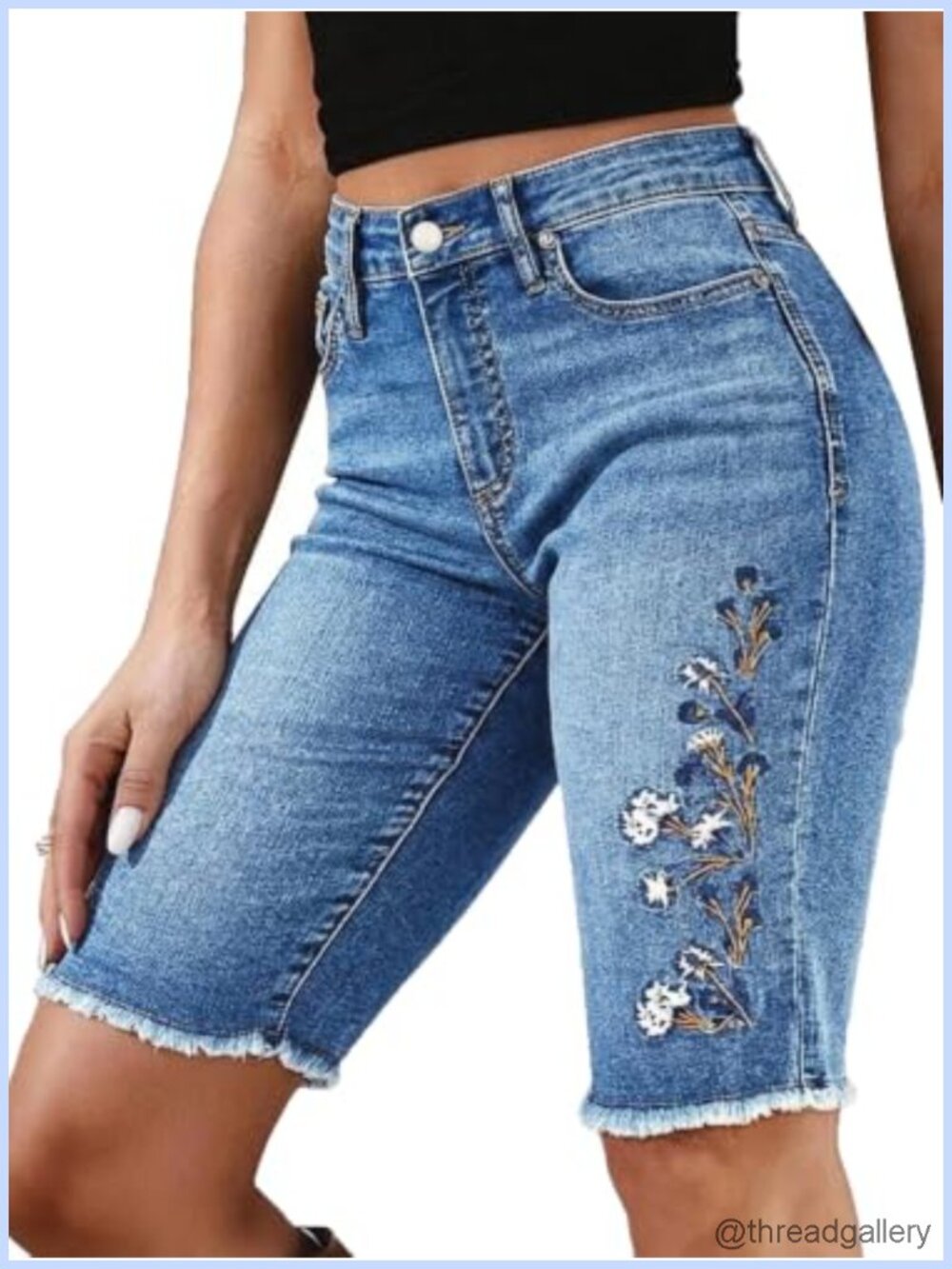 Mid Waist Denim Bermuda Shorts for Women Knee Length Straight Leg Cotton